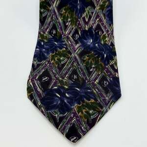 Ungaro Paris Floral Woven Silk Tie Purple Blue Diamond Pattern Made in Italy